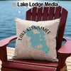 Light beige pillow with Lake Kissimmee map and compass on a red chair.