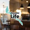 Havasu Life sticker with turquoise map outline and black text.
