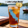 Glass of iced tea with lemon slice and lake map graphic.