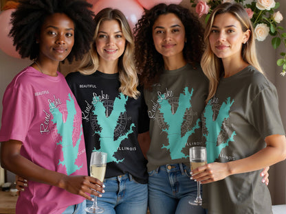 Four women wear t-shirts with lake maps and "Rend Lake ILLINOIS" text.