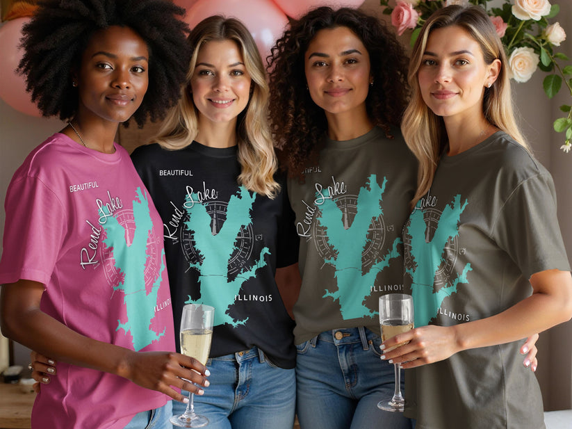 Four women wear t-shirts with lake maps and "Rend Lake ILLINOIS" text.