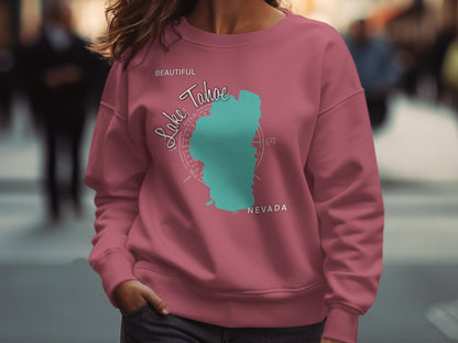 Pink sweatshirt with "Lake Tahoe" and Nevada map graphic.