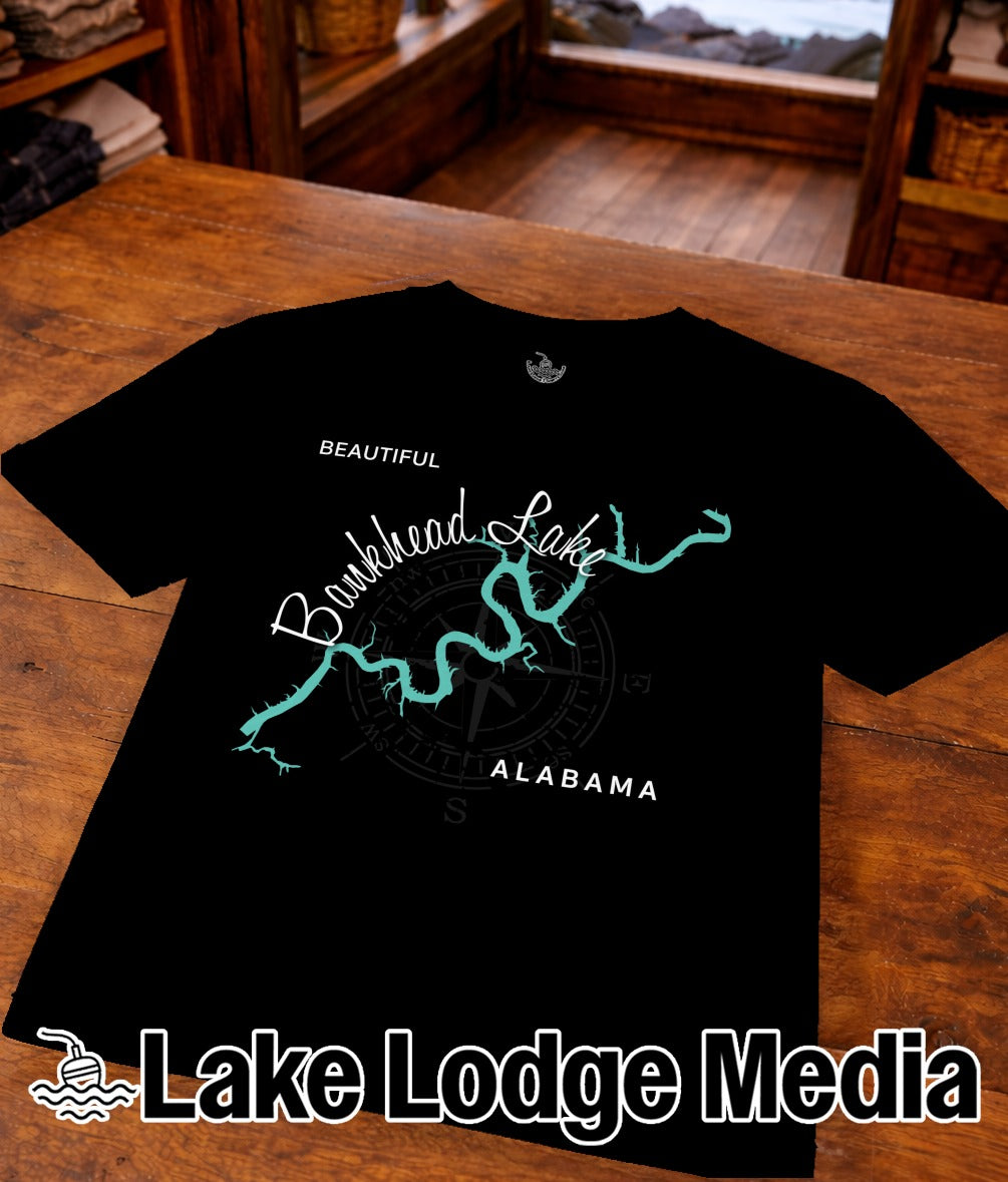 Black t-shirt with a teal compass rose and "Beautiful Bankhead Lake Alabama" text.
