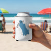 White can cooler with blue Cain Lake map and compass graphic on a beach.