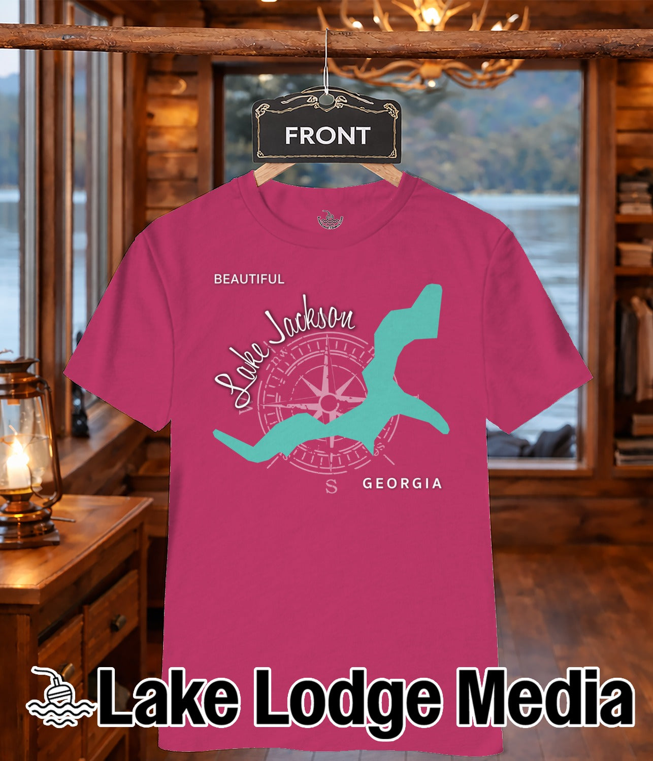 Pink t-shirt with turquoise map of Lake Jackson and "Lake Lodge Media" logo.