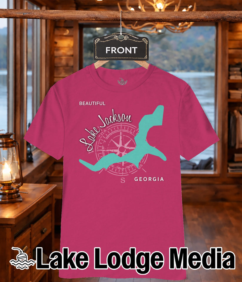 Pink t-shirt with turquoise map of Lake Jackson and "Lake Lodge Media" logo.