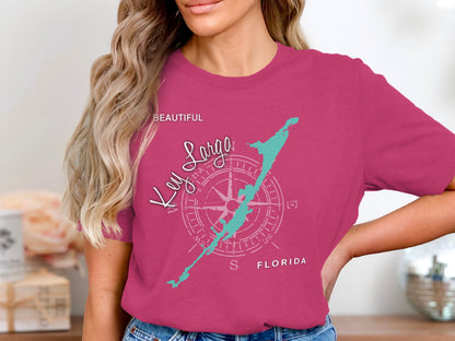 Pink t-shirt with Key Largo map and compass graphic.