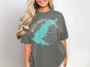Gray t-shirt with aqua map of Ross Barnett Lake and compass graphic.