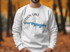 White sweatshirt with a blue Atsion Lake outline over a compass and "New Jersey".