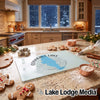 Glass cutting board featuring a blue map of Conneaut Lake, Pennsylvania, surrounded by holiday baking supplies.