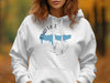 White hoodie with blue map design and "Enid Lake Mississippi" text.