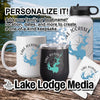 White mug, black tumbler, and white water bottle with Lake Jocassee map designs.
