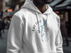 White hoodie with a compass rose map of Lay Lake, Alabama graphic.