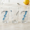 Three clear glasses with a blue map of Lake Eufala, Oklahoma and compass graphic.