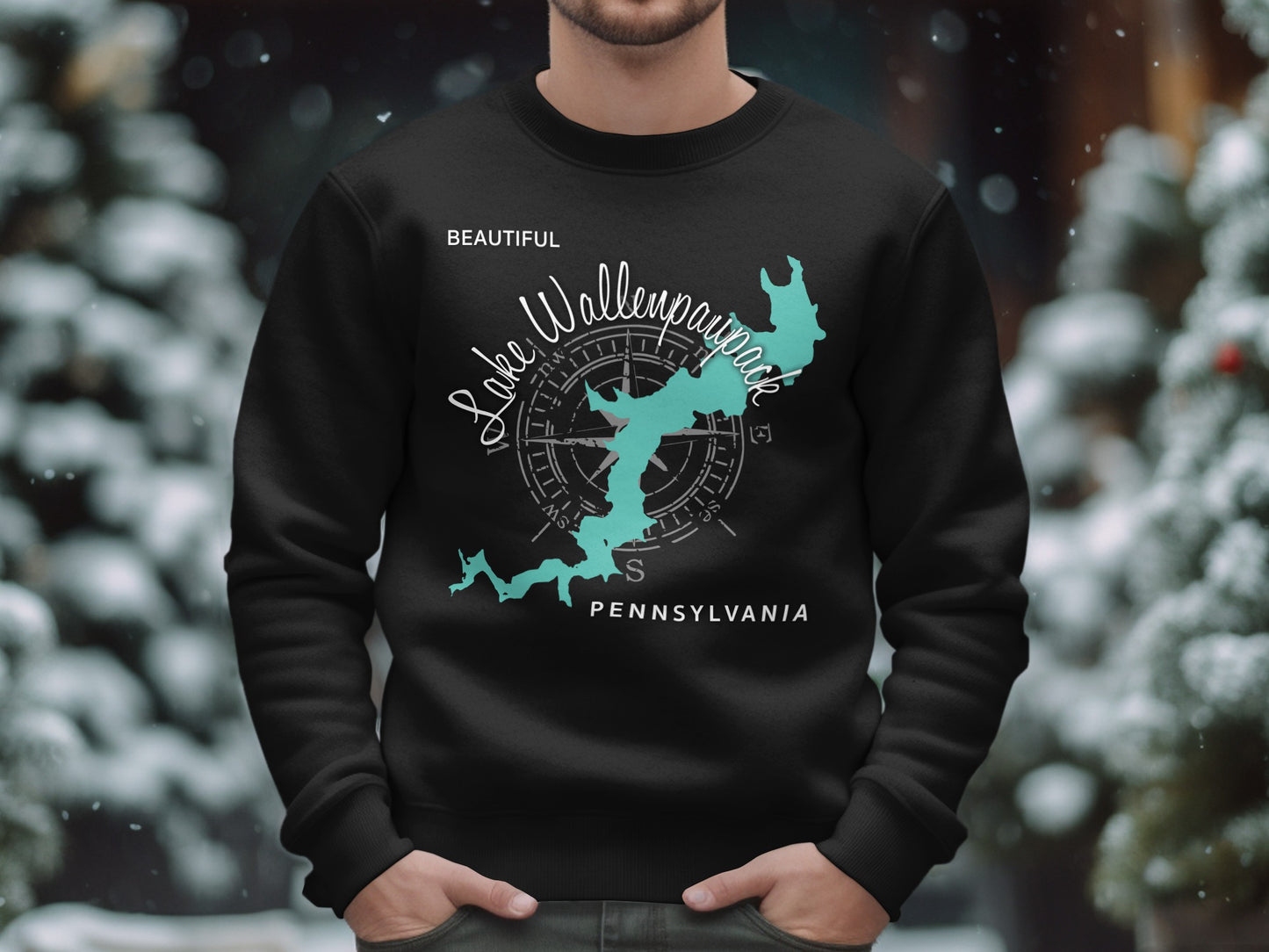 Black sweatshirt with Lake Wallenpaupack Pennsylvania map and compass graphic.