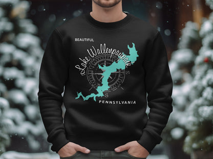 Black sweatshirt with Lake Wallenpaupack Pennsylvania map and compass graphic.