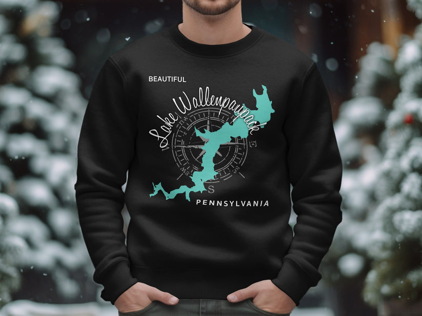 Black sweatshirt with Lake Wallenpaupack Pennsylvania map and compass graphic.