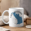 White mug with blue Lake Lawtonka map graphic and compass rose.