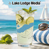 Glass with Lake Erie map, lime, mint, and ice in beach setting.