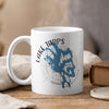 White mug with blue Lake Tapps, Washington map design and steam.