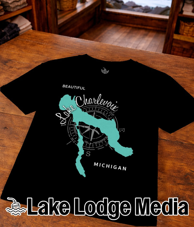 Black t-shirt with a teal map of Charlevoix, Michigan, and compass rose.