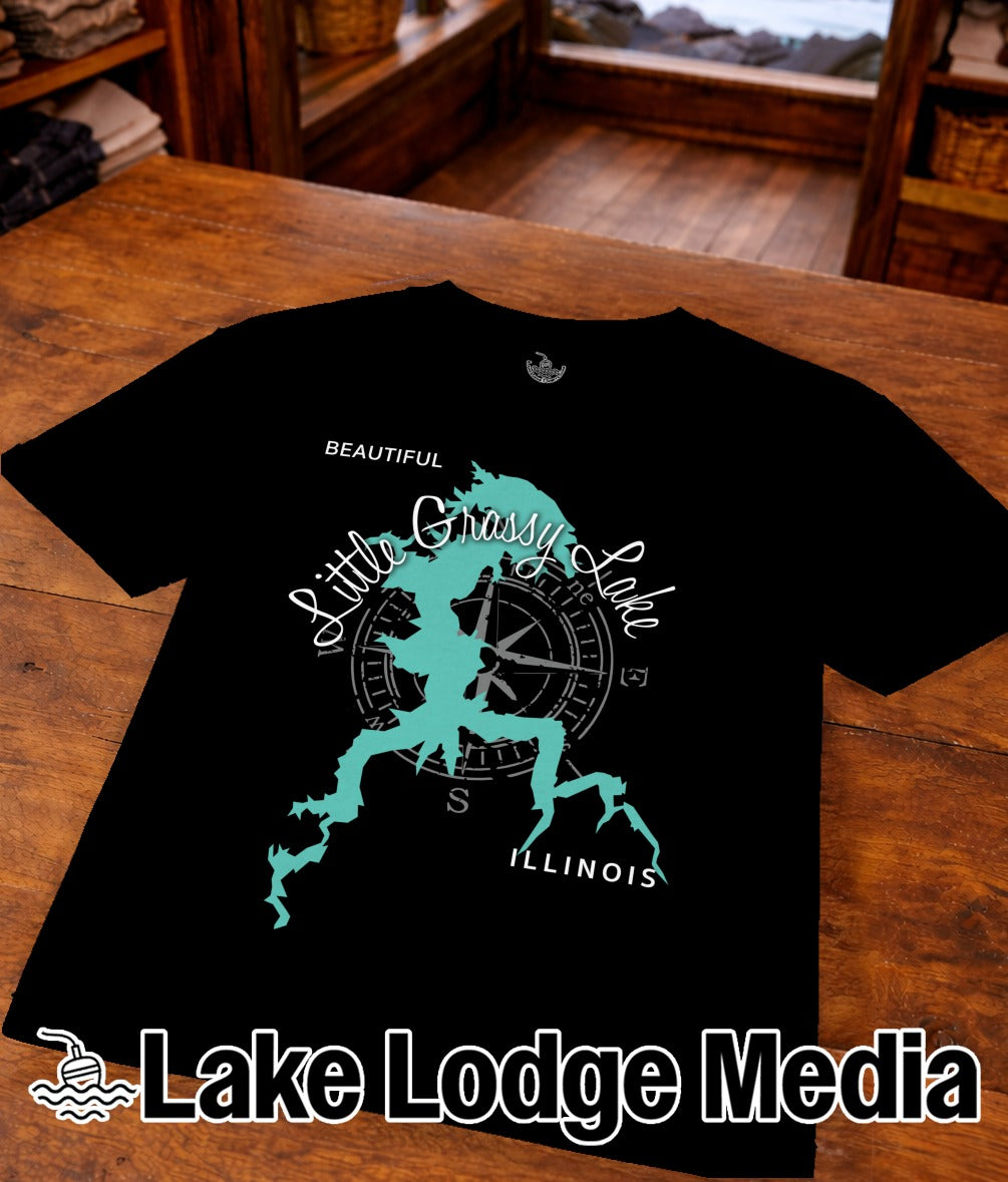 Black t-shirt with turquoise "Little Grassy Lake" map graphic and compass.