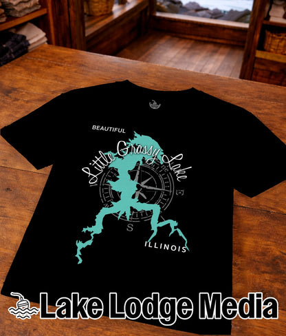 Black t-shirt with turquoise "Little Grassy Lake" map graphic and compass.