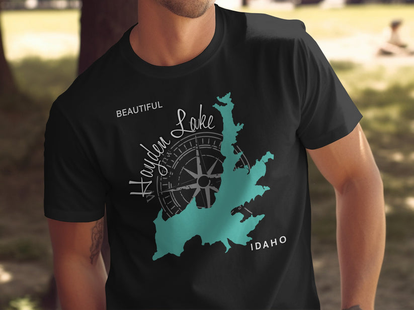 Black t-shirt with Hayden Lake Idaho map and compass graphic.