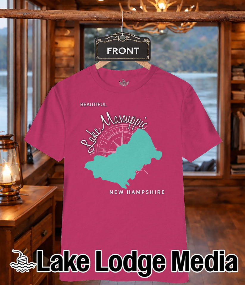 Pink t-shirt with Lake Mascuppic map and "NEW HAMPSHIRE" text.