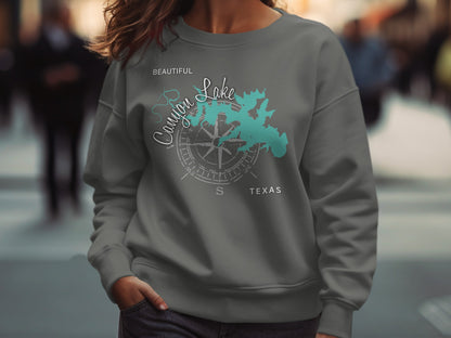 Dark gray sweatshirt with a compass rose and map of Canyon Lake, Texas.