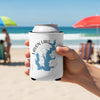 White can koozie with Lavon Lake map and compass graphic held on a beach.