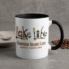 Mug with "Lake Life" text and "Mountain Island Lake North Carolina" caption.