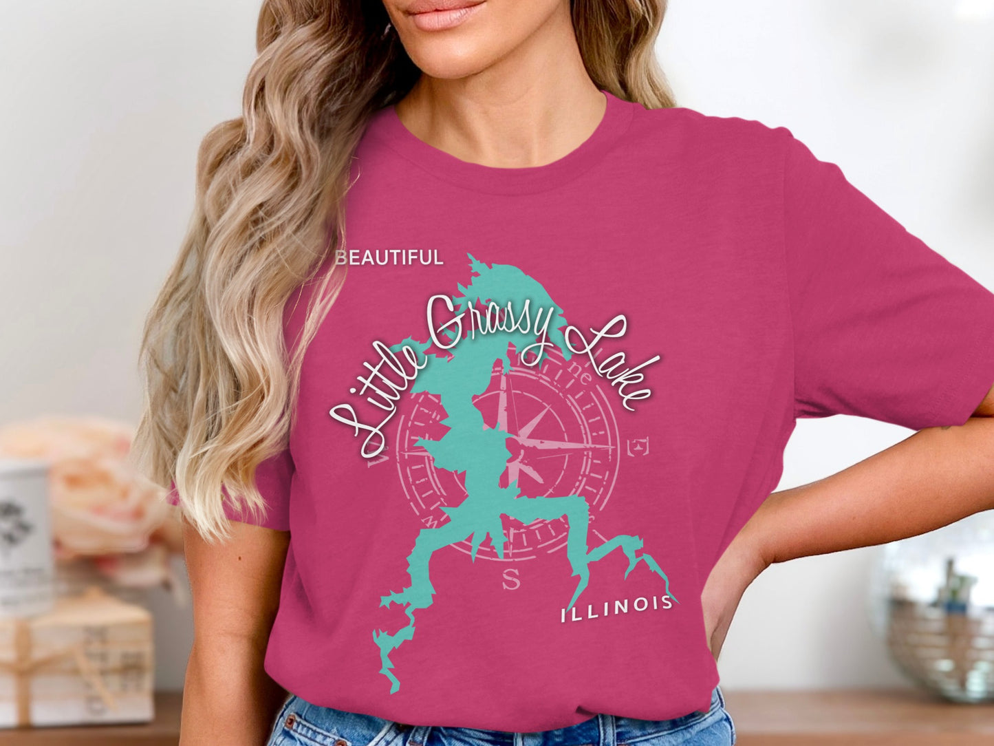 T-shirt with a turquoise outline map of Little Grassy Lake, Illinois.