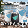 White mug, black tumbler, and white water bottle with Lake Perris map designs.