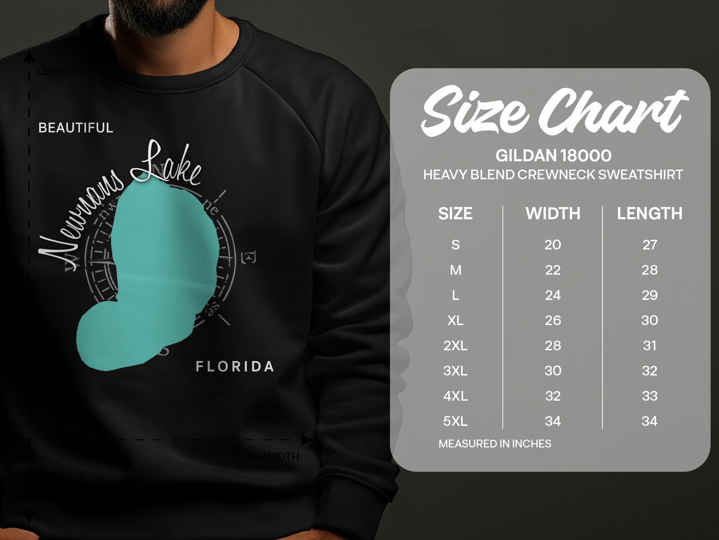 Crewneck sweatshirt with Newnans Lake graphic and size chart.