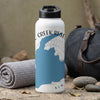 White water bottle with "Creek Reserve" and map graphic, next to gym bag.