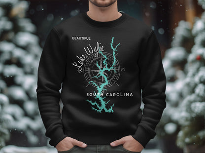Black sweatshirt with Lake Wylie, South Carolina map and compass design.
