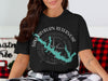 Black t-shirt with Sam Rayburn Reservoir map and compass design.