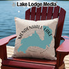Mendenhall Lake Alaska pillow on a red Adirondack chair by a lake.