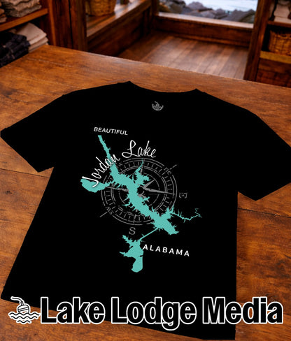 Black t-shirt with "Beautiful Jordan Lake" and compass, "Alabama".