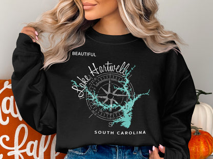 Black sweatshirt with Lake Hartwell map and compass graphic.