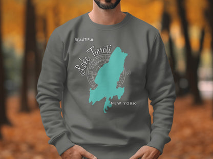 Grey sweatshirt with "Beautiful Lake Tiorati New York" text and compass rose graphic.