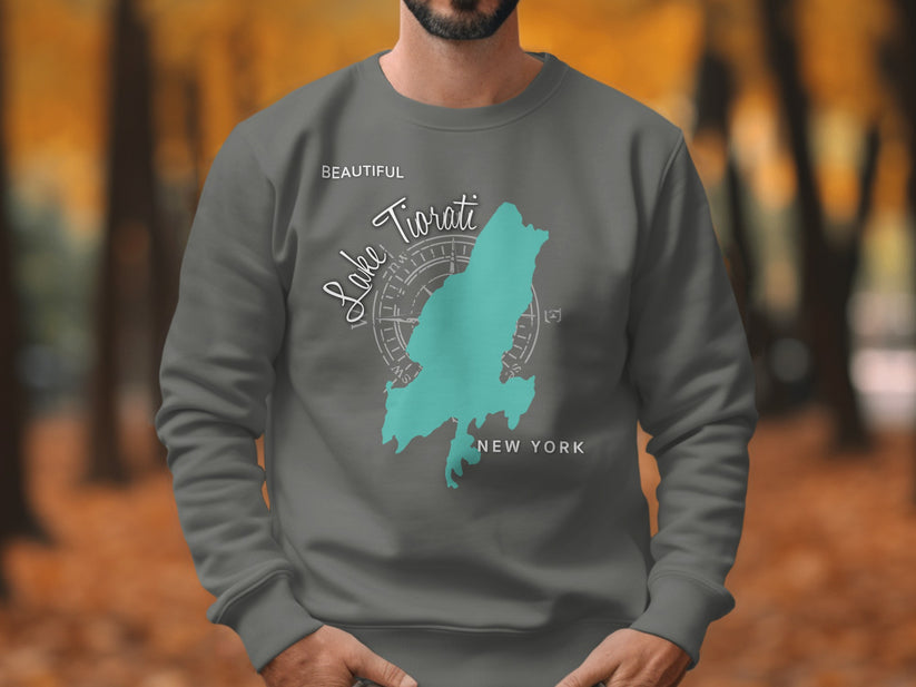 Grey sweatshirt with "Beautiful Lake Tiorati New York" text and compass rose graphic.