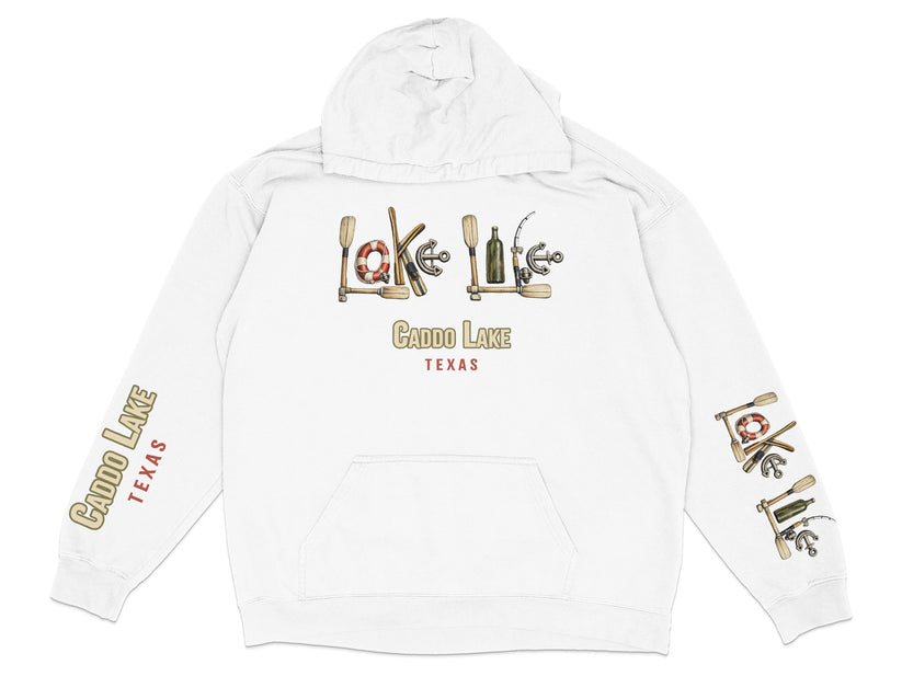 White hoodie with "Caddo Lake Texas" text and lake-themed graphics.