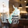 West Point Life sticker with teal lake outline and black text.