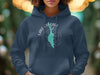 Navy hoodie with a teal Lake Cascade map and compass graphic.