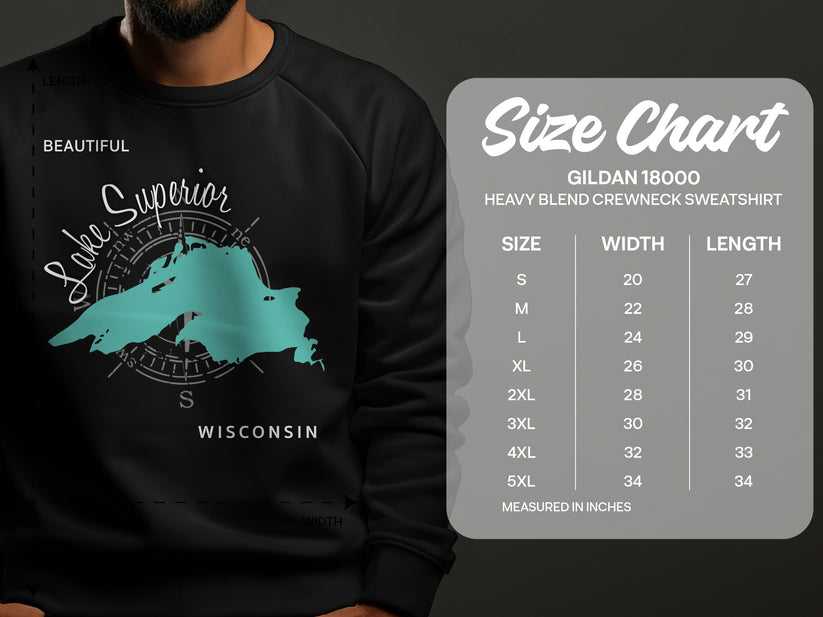 Sweatshirt with Lake Superior map graphic and Gildan 18000 size chart.