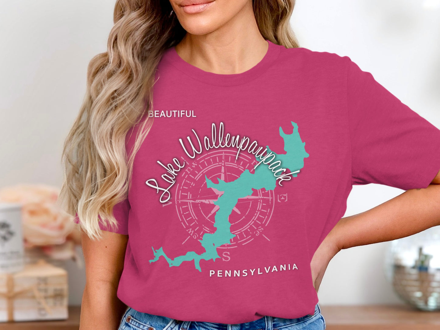 Lake Wallenpaupack Pennsylvania compass rose map on a magenta t-shirt.