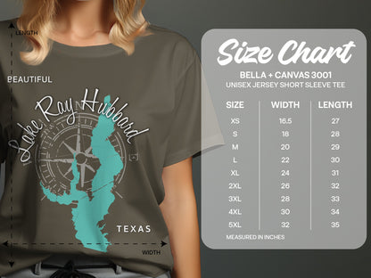 Lake Ray Hubbard Texas graphic on a unisex Bella+Canvas 3001 t-shirt size chart.
