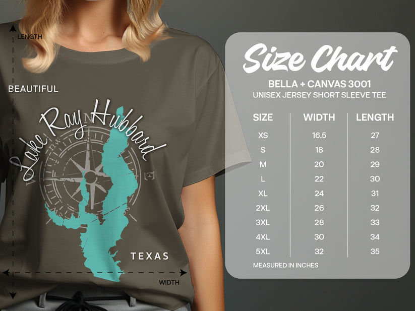Lake Ray Hubbard Texas graphic on a unisex Bella+Canvas 3001 t-shirt size chart.